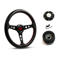 SAAS Steering Wheel Leather 14" ADR Retro Black Spoke SW616OS-L and SAAS boss kit for Datsun King Cab 720 1977-1982