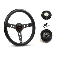 SAAS Steering Wheel Leatherette 14" ADR Retro Black Spoke White Stitching SW616OS-WS and SAAS boss kit for Datsun 1600 1977-1982