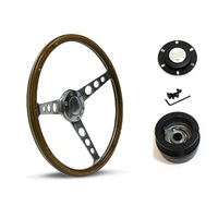SAAS Steering Wheel Wood 15" ADR Classic Polished Alloy Holes + Rivet SW704PHW and SAAS boss kit for Nissan Patrol MQ 1980-1985
