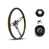 SAAS Steering Wheel Wood 15" ADR Classic Polished Alloy Slots + Rivet SW704PSW and SAAS boss kit for Nissan Patrol MQ 1980-1985