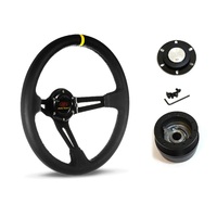 SAAS Steering Wheel Leather 14" ADR Deep Dish Black Slotted + Indicator SWE2 and SAAS boss kit for Ford Mustang 1966-1969