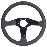 MVP Black 350mm Leather Steering Wheel Flat With Grey Stitching VPR-203